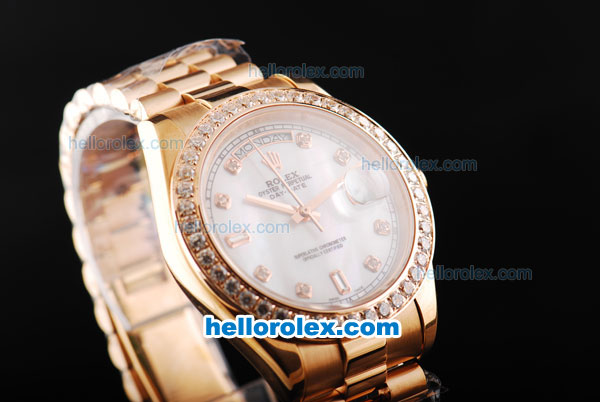 Rolex Day Date II Automatic Movement Full Rose Gold with Diamond Bezel-Diamond Markers and White MOP Dial - Click Image to Close